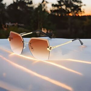 New Boutique Retro Gradient Rimless Brown Tinted Statement Lenses